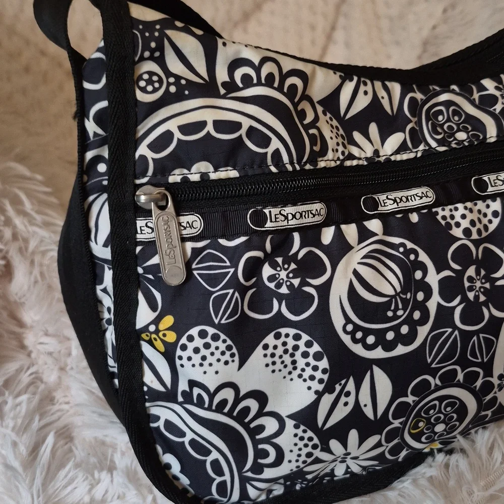 LeSportsac Black and White Floral Shoulder Crossbody Zip Bag